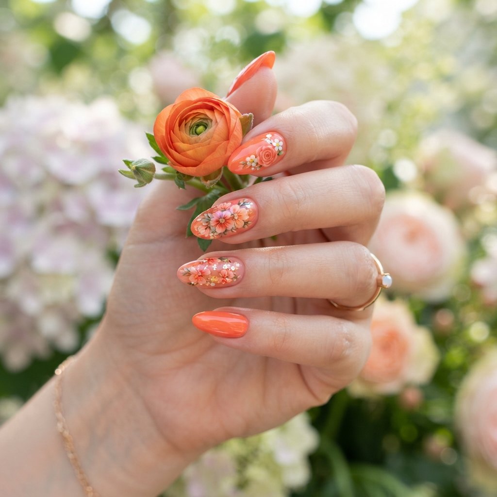 19 Orange Nails With Flowers Revealing Beautiful Floral Art Ideas 11 Coral Orange Flowers