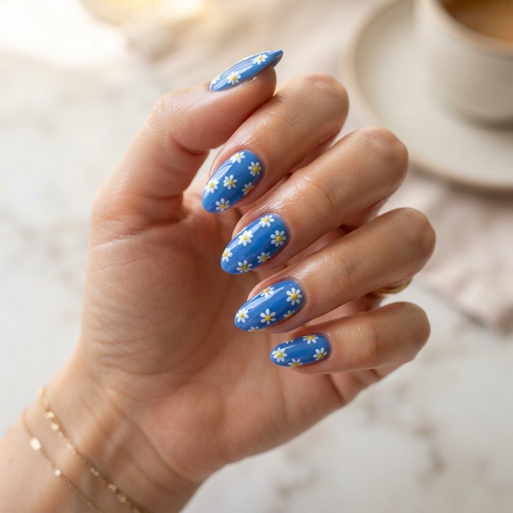 16 Blue Nails With Daisy Ideas for a Fresh Floral Manicure 10 Tiny Daisy Blue Nails