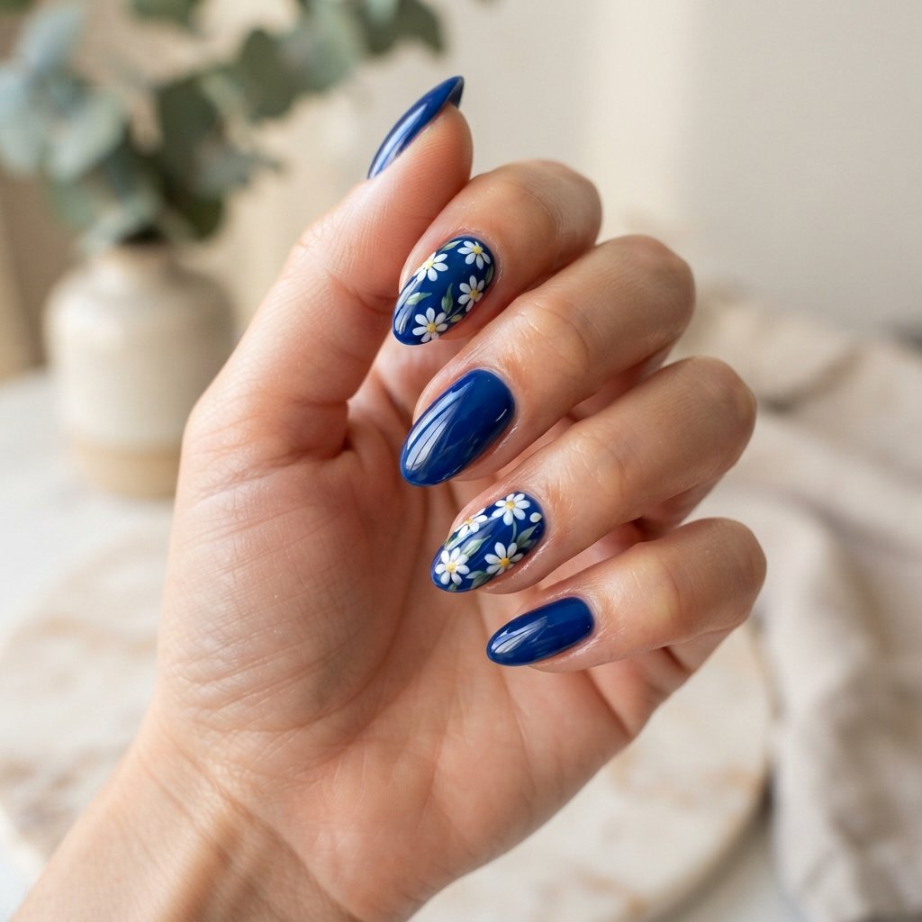 16 Blue Nails With Daisy Ideas for a Fresh Floral Manicure 9 Deep Blue Daisy Nails