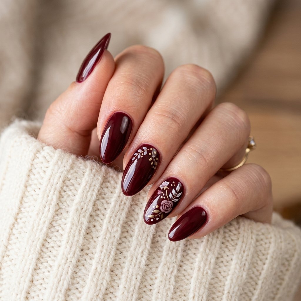18 Fall Nail Art Ideas That Will Upgrade Your Manicure Instantly 6 Burgundy Floral Touches