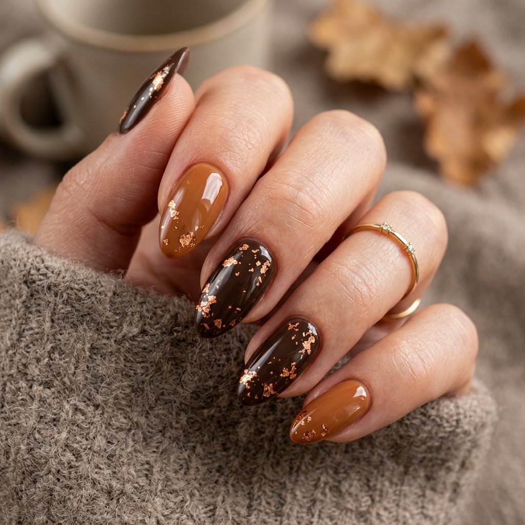 18 Fall Nail Art Ideas That Will Upgrade Your Manicure Instantly 7 Copper Foil Highlights