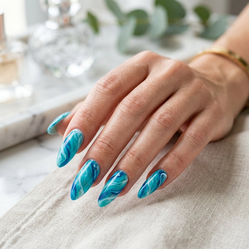 25 Blue Acrylic Nails Ideas That Look Bold and Beautiful 13 Turquoise Swirl Acrylic Nails