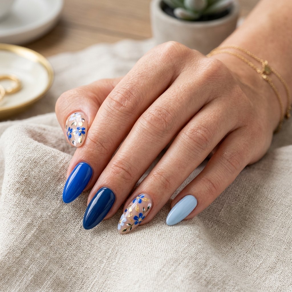 25 Blue Acrylic Nails Ideas That Look Bold and Beautiful 21 Blue Floral Mix Acrylic Nails