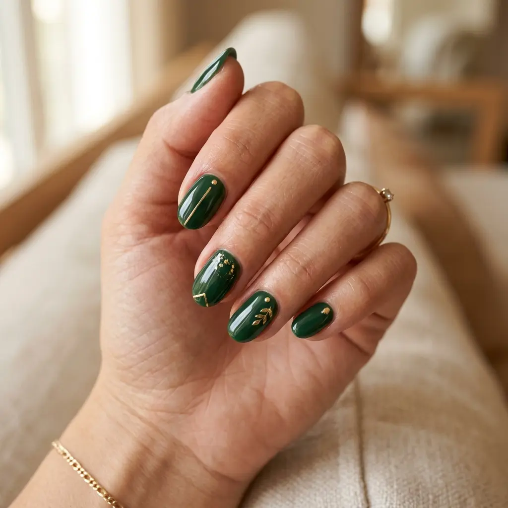 18 Fall Nail Art Ideas That Will Upgrade Your Manicure Instantly 12 Forest Green Gold Details