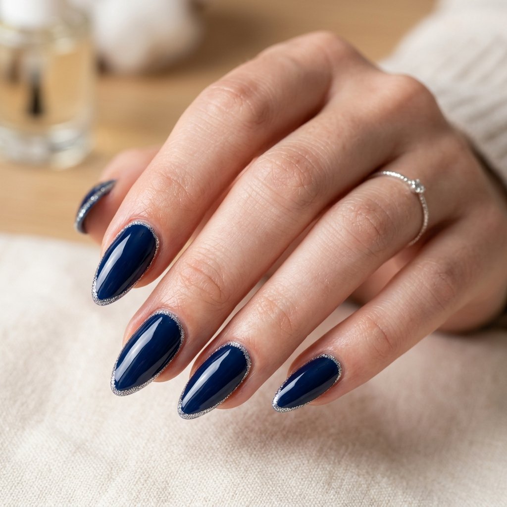18 Blue Nails Inspiration Ideas Everyone Is Loving Right Now 11 Navy Nails with Glitter Borders