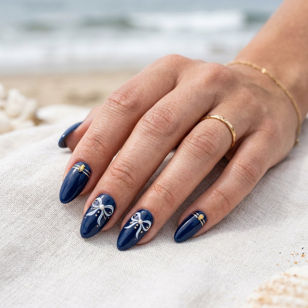 23 Blue Ocean Nails Ideas That Bring Coastal Vibes to Your Manicure 14 Coastal Bow Blue Nails