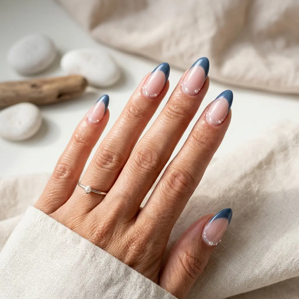 23 Blue Ocean Nails Ideas That Bring Coastal Vibes to Your Manicure 9 Pearl Ocean French Tips