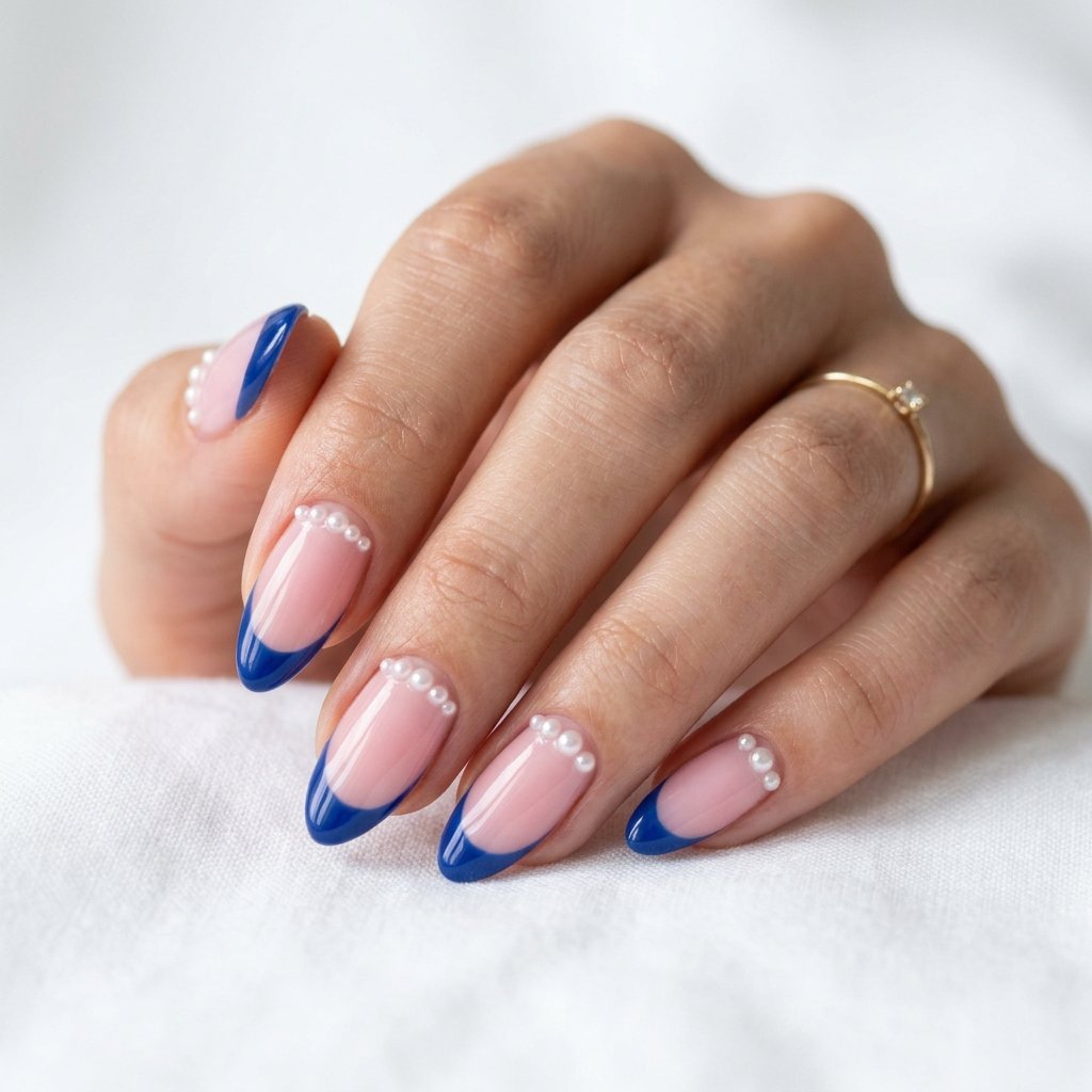 21 Blue Nails for Summer Ideas That Feel Fresh and Beautiful 9 Blue French Tips with Pearls