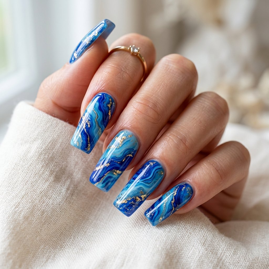 25 Blue Acrylic Nails Ideas That Look Bold and Beautiful 16 Blue Marble Acrylic Nails