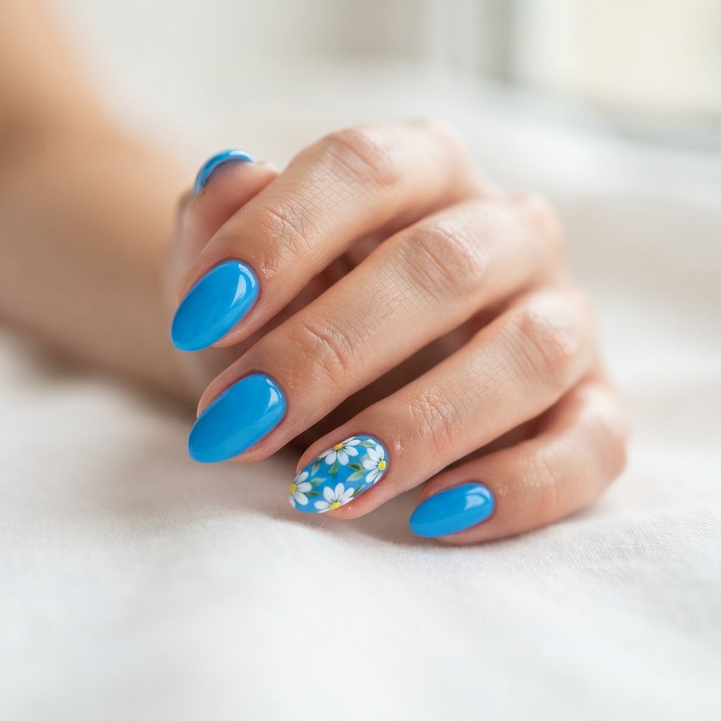 21 Blue Nails for Summer Ideas That Feel Fresh and Beautiful 4 Blue Daisy Accent Nails