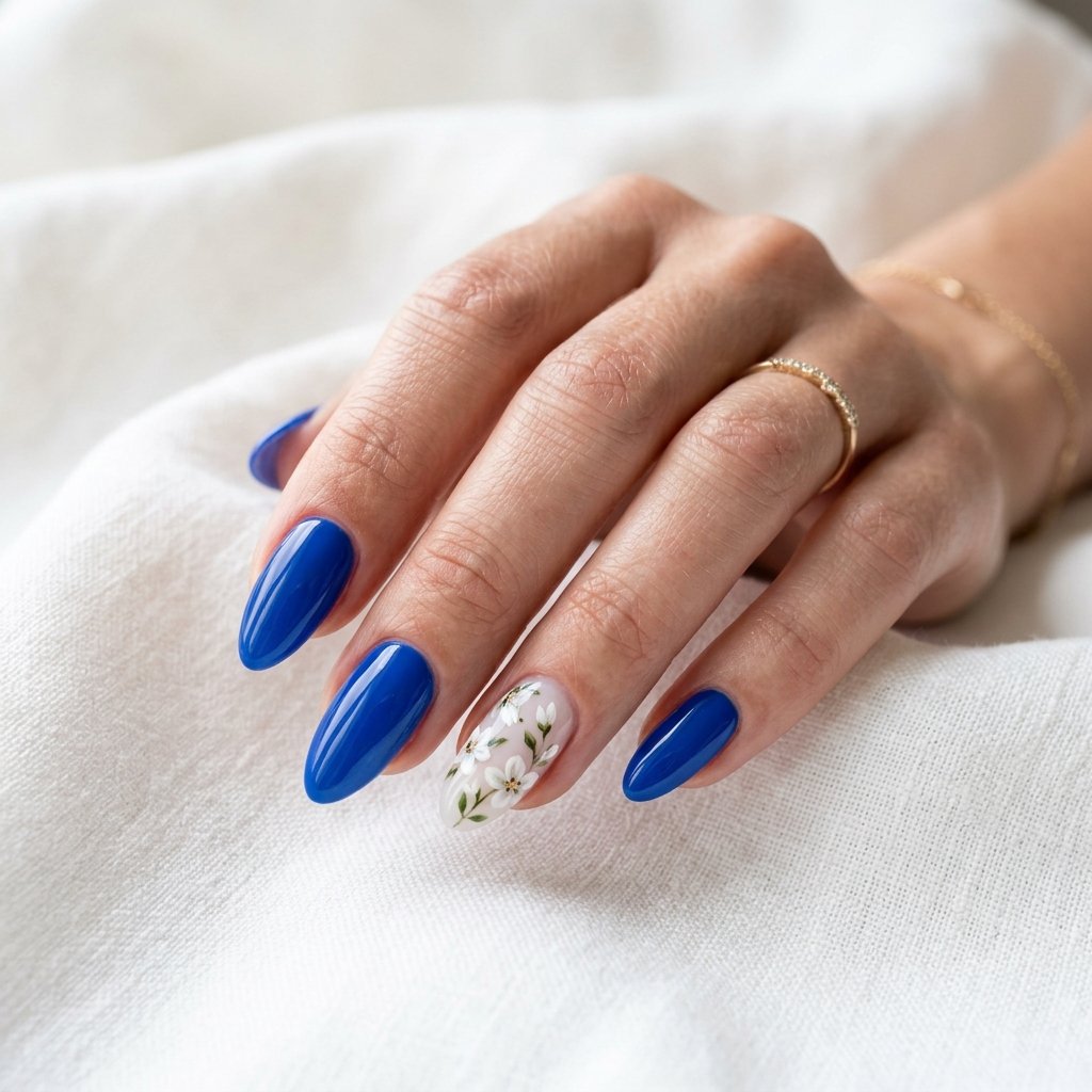 21 Blue Nails for Summer Ideas That Feel Fresh and Beautiful 12 Blue Floral Accent Nails