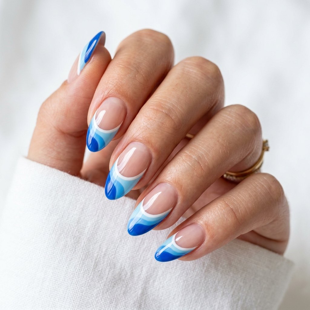 21 Blue Nails for Summer Ideas That Feel Fresh and Beautiful 19 Wavy Blue French Tips