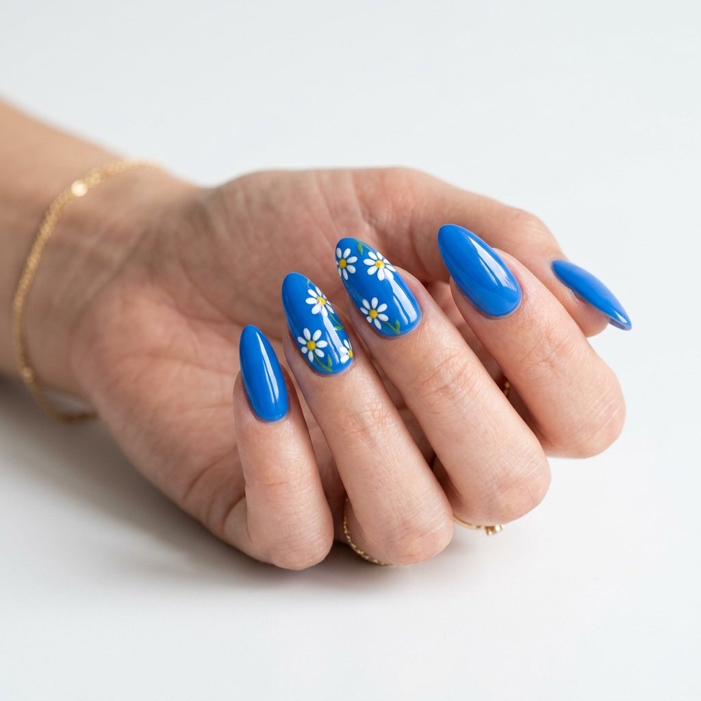 25 Blue Acrylic Nails Ideas That Look Bold and Beautiful 4 Blue Daisy Acrylic Nails