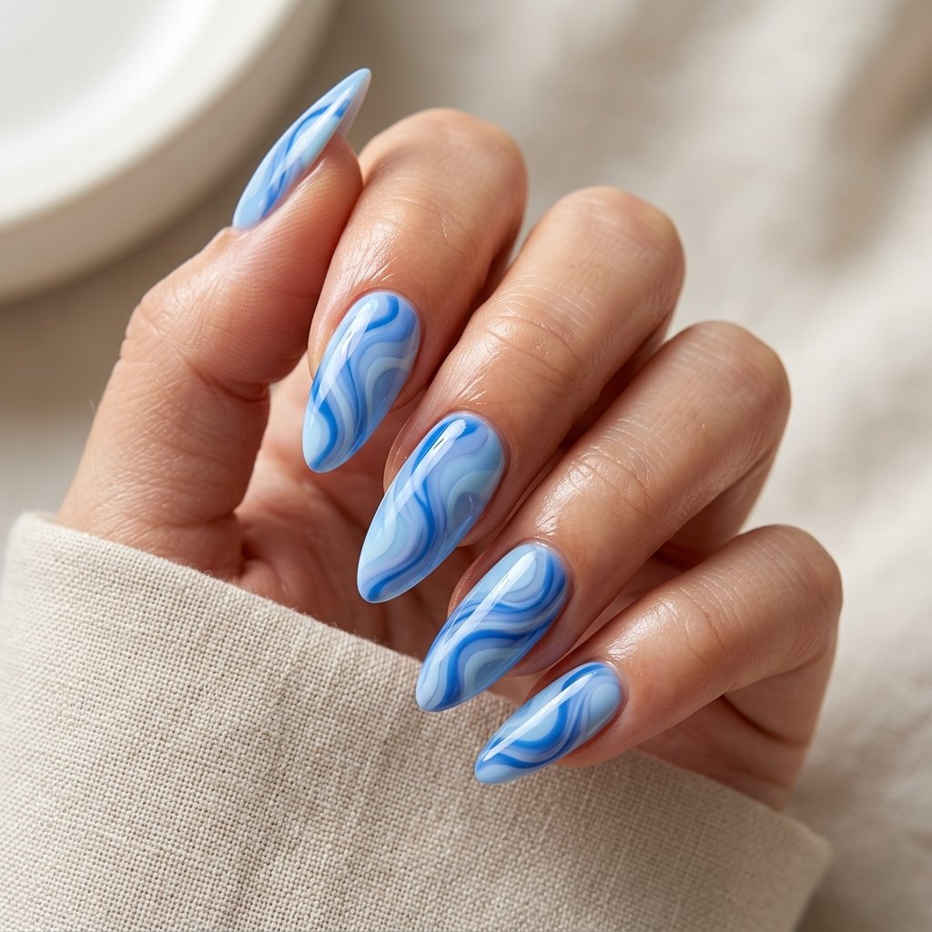25 Blue Acrylic Nails Ideas That Look Bold and Beautiful 5 Soft Blue Swirl Acrylic Nails
