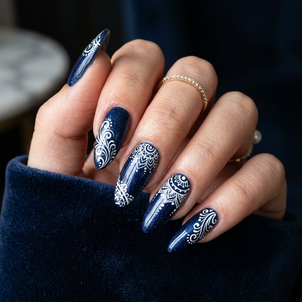 25 Blue Acrylic Nails Ideas That Look Bold and Beautiful 7 Midnight Blue Art Acrylic Nails