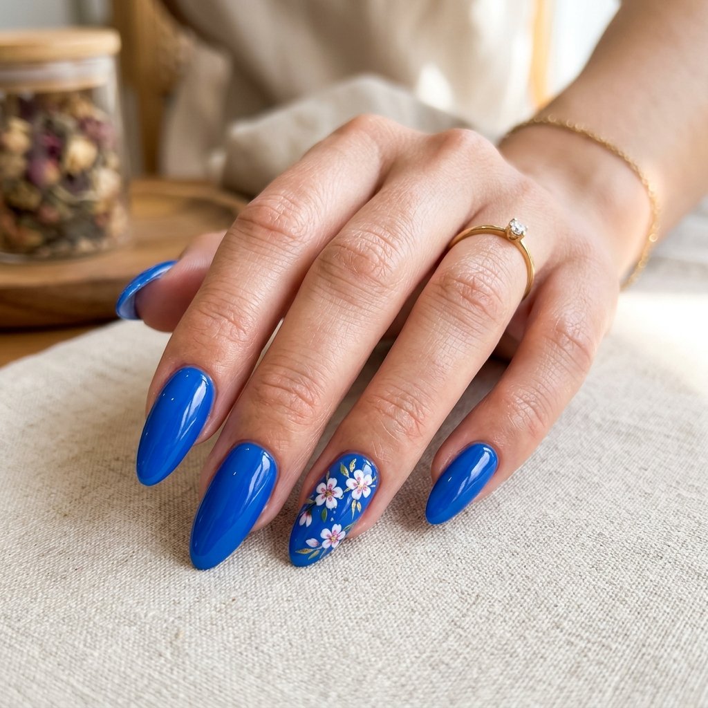 25 Blue Acrylic Nails Ideas That Look Bold and Beautiful 12 Blue Floral Accent Acrylic Nails