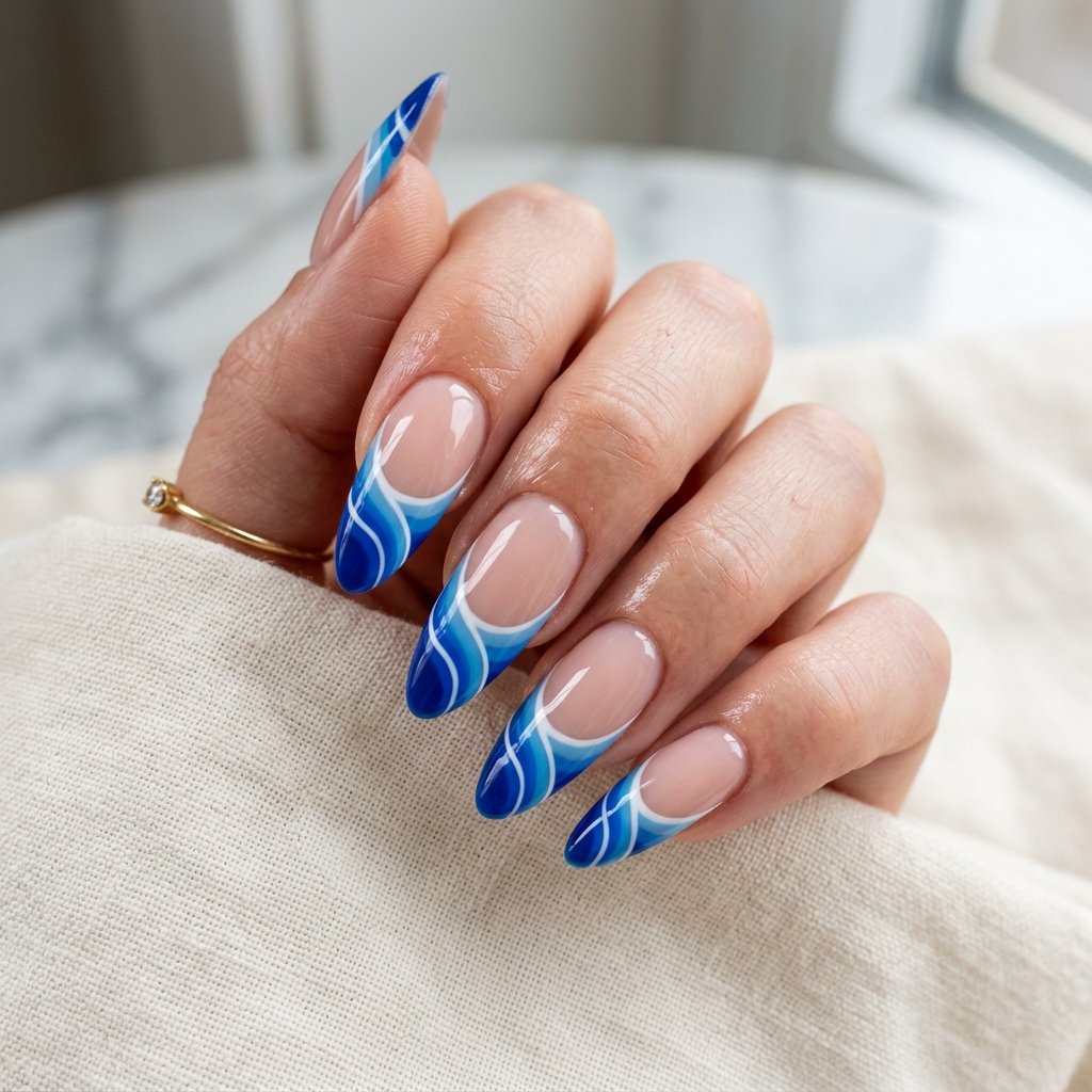 25 Blue Acrylic Nails Ideas That Look Bold and Beautiful 19 Wavy Blue French Acrylic Nails