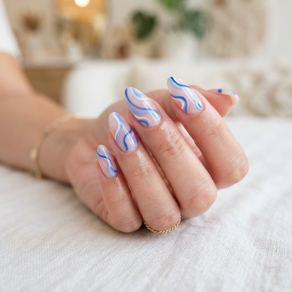 21 Blue Nails for Summer Ideas That Feel Fresh and Beautiful 5 Soft Blue Swirl Nails
