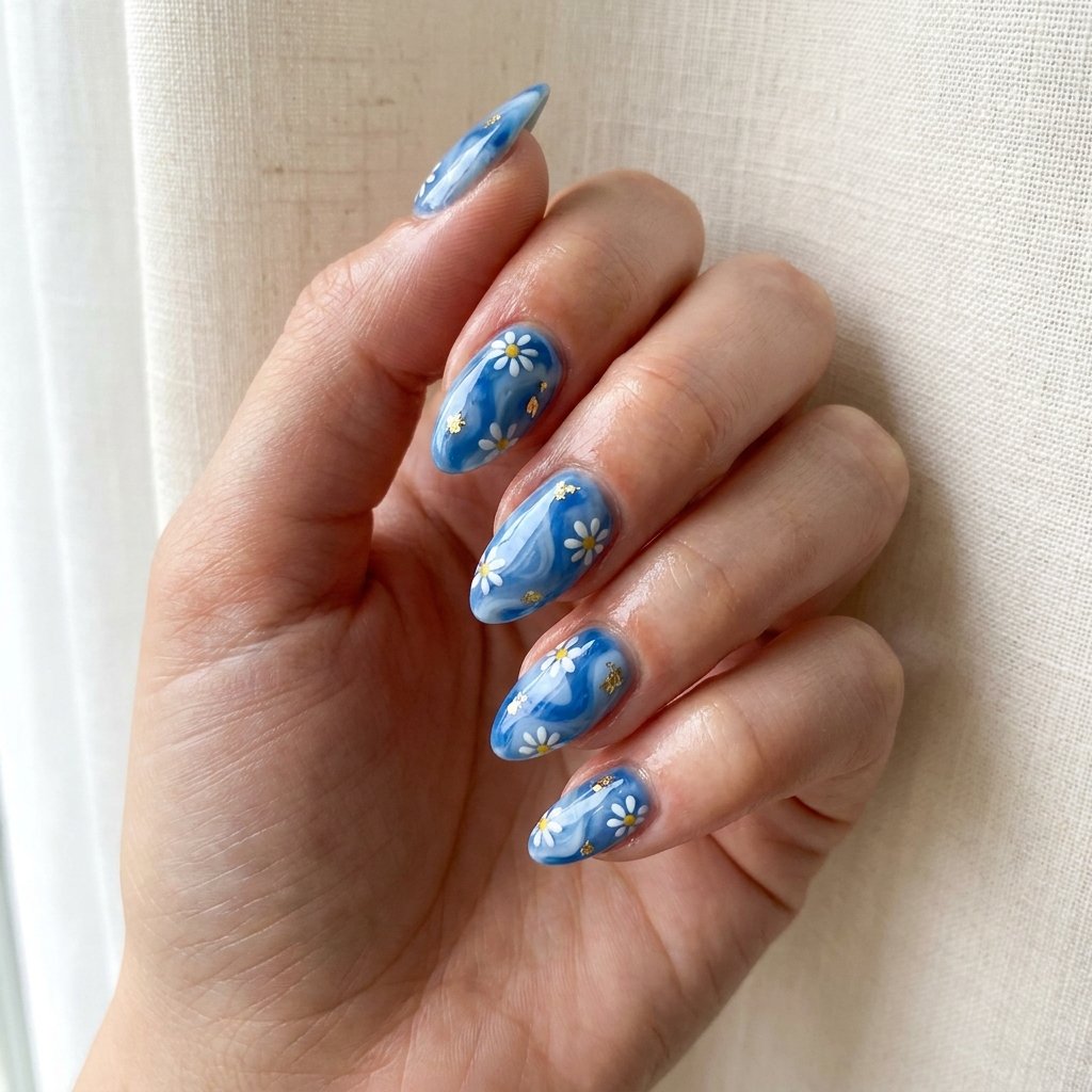 16 Blue Nails With Daisy Ideas for a Fresh Floral Manicure 14 Blue Swirl Daisy Nails
