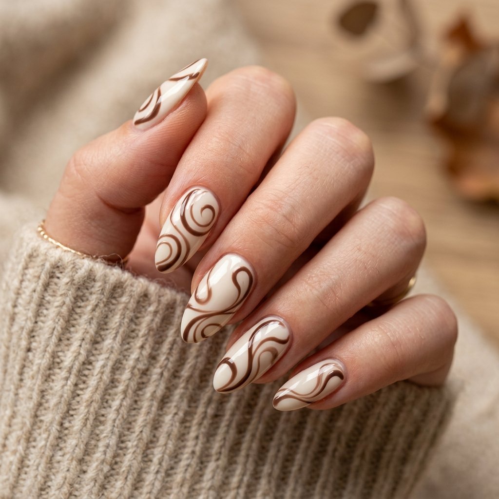 21 Fall Nail Designs You'll Want to Copy This Season 9 Cream And Brown Swirl Nails