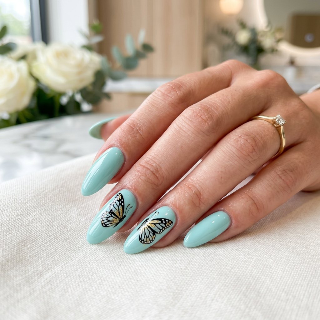 25 Blue Acrylic Nails Ideas That Look Bold and Beautiful 23 Mint Blue Butterfly Acrylic Nails