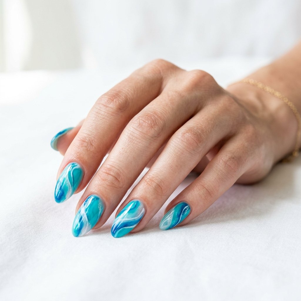 21 Blue Nails for Summer Ideas That Feel Fresh and Beautiful 13 Turquoise Blue Swirls