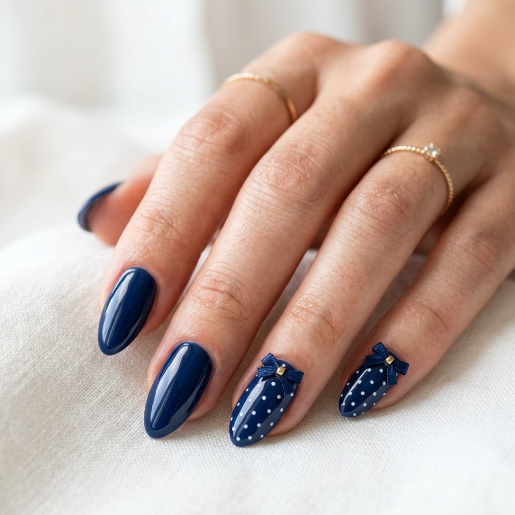 21 Blue Nails for Summer Ideas That Feel Fresh and Beautiful 14 Navy Bow and Dot Nails