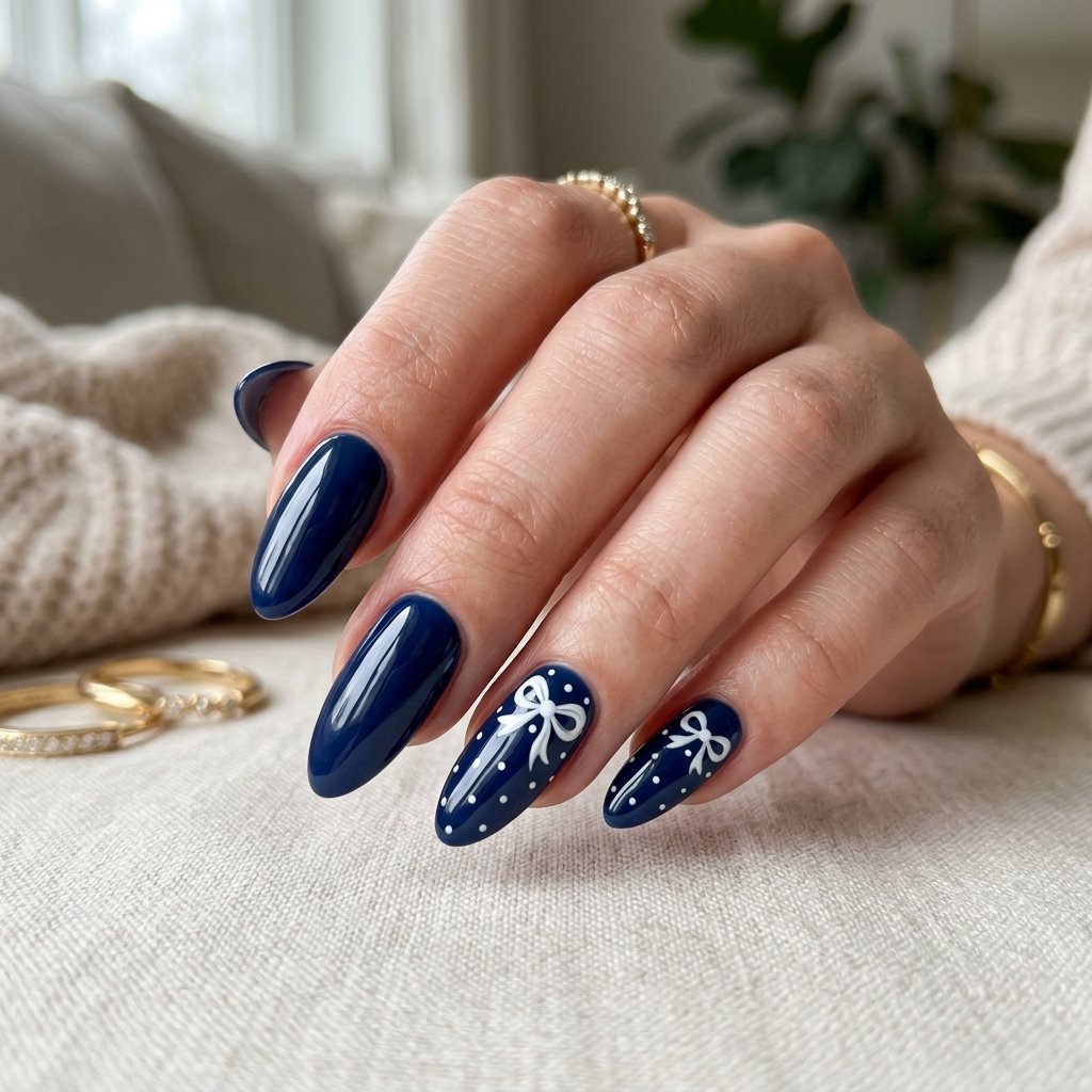 25 Blue Acrylic Nails Ideas That Look Bold and Beautiful 14 Navy Bow Acrylic Nails