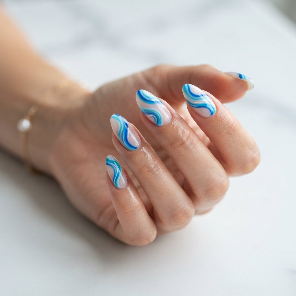 21 Blue Nails for Summer Ideas That Feel Fresh and Beautiful 8 Blue Wave Swirl Nails