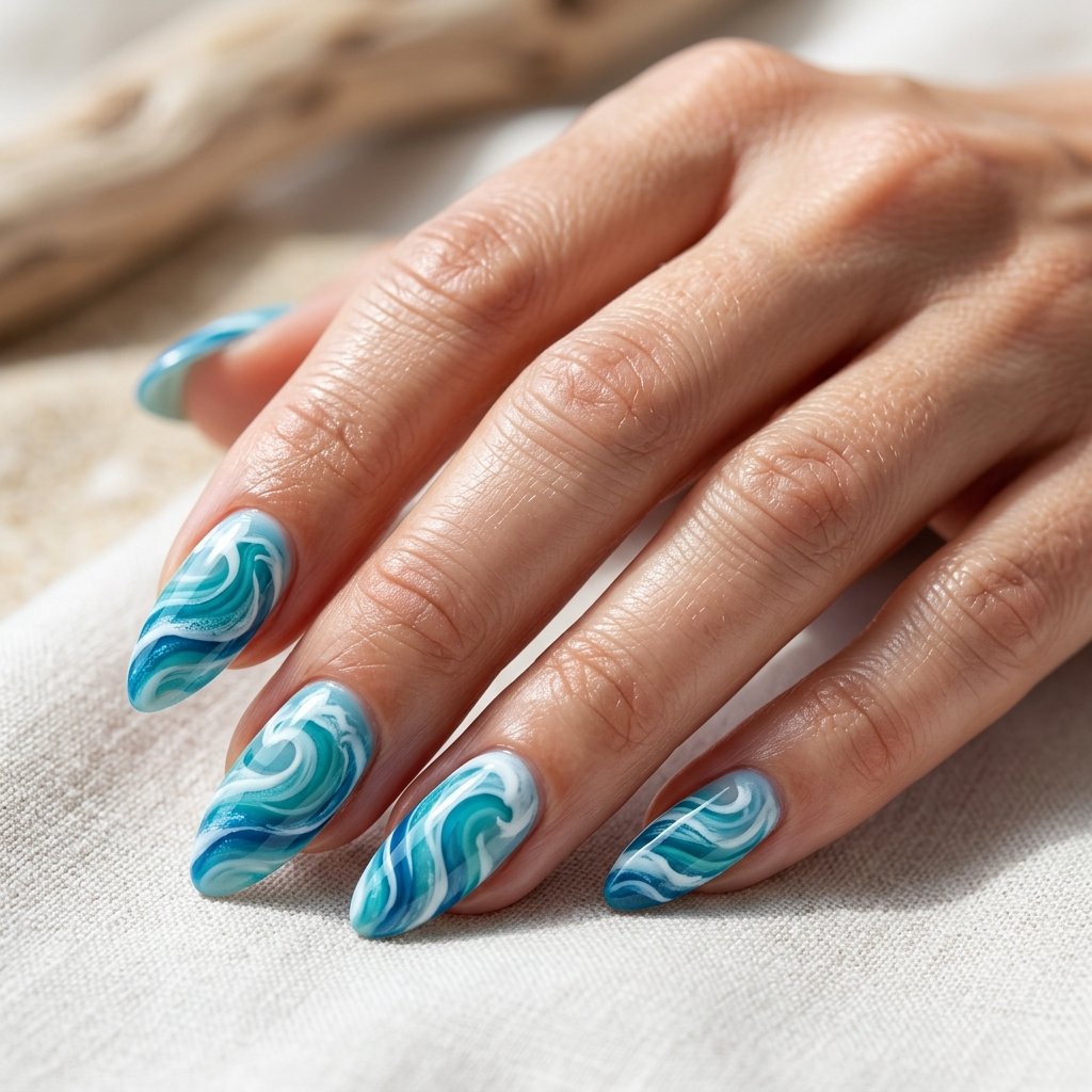 25 Blue Acrylic Nails Ideas That Look Bold and Beautiful 8 Blue Wave Acrylic Nails