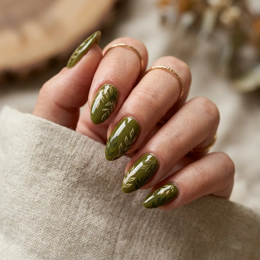 18 Fall Nail Art Ideas That Will Upgrade Your Manicure Instantly 4 Olive Green Botanical Details