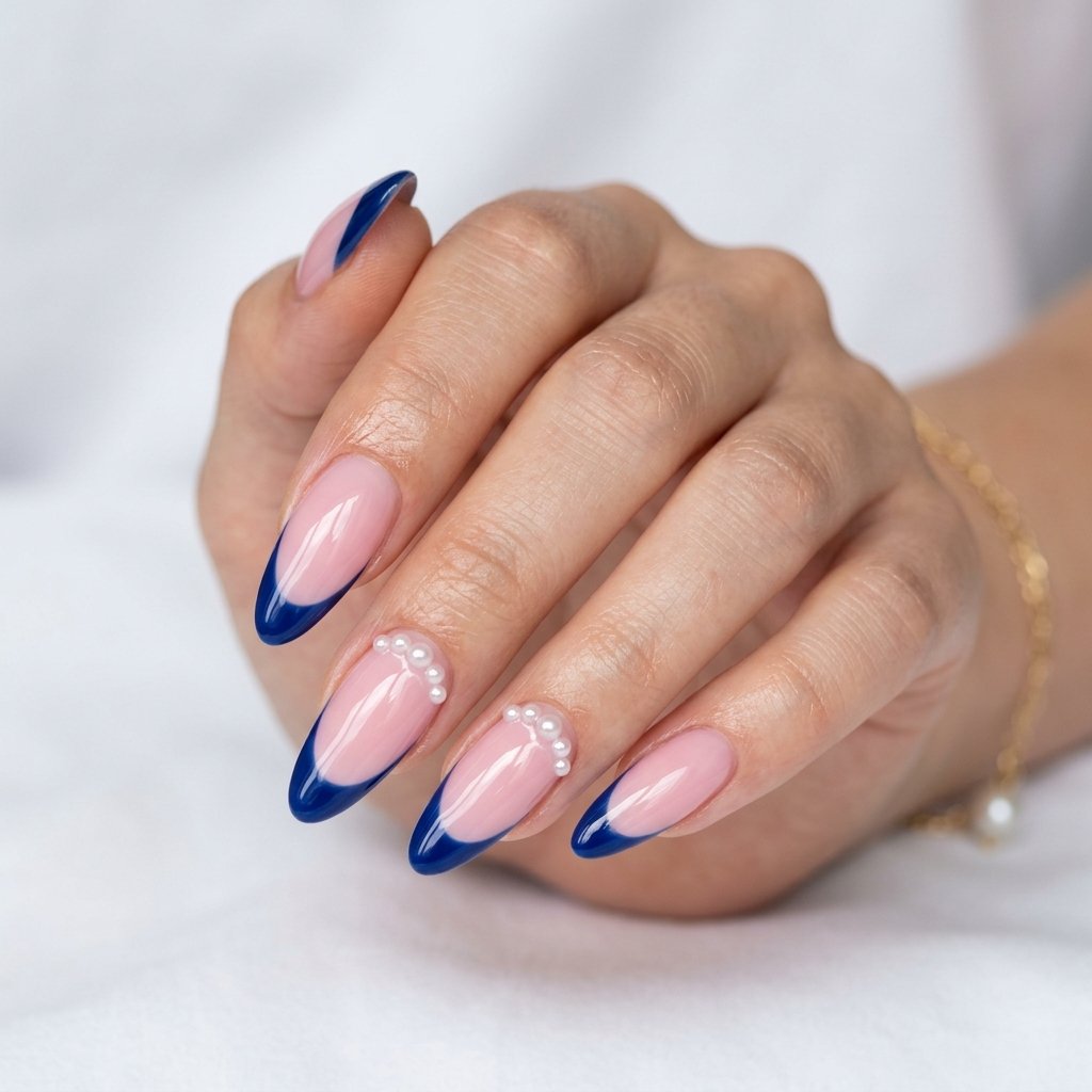 25 Blue Acrylic Nails Ideas That Look Bold and Beautiful 9 Blue French Tips with Pearls