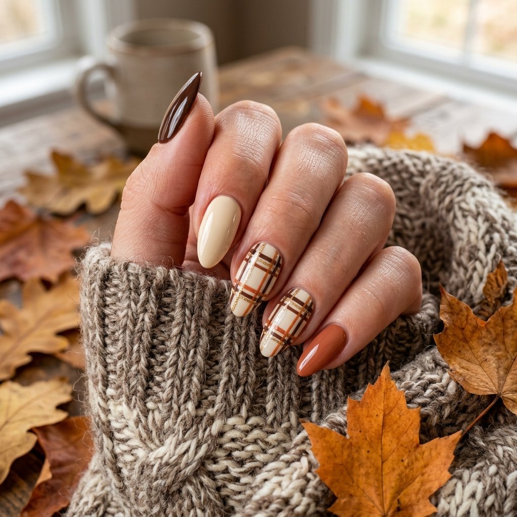 23 Fall Nails Ideas for Autumn You'll Be Obsessed With This Year 16 Cozy Plaid Accent Nails