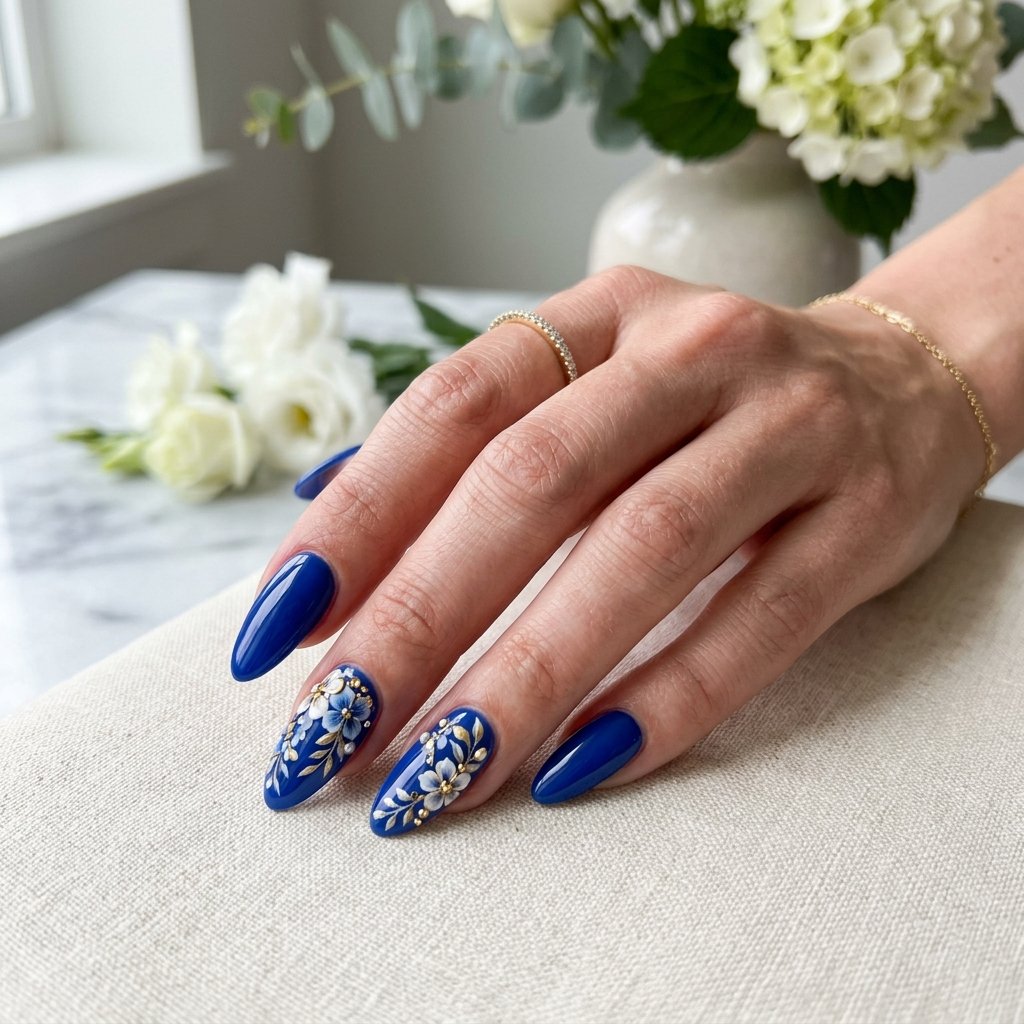 25 Blue Acrylic Nails Ideas That Look Bold and Beautiful 6 Royal Blue Floral Acrylic Nails