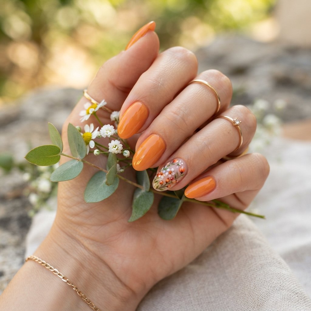 19 Orange Nails With Flowers Revealing Beautiful Floral Art Ideas 13 Floral Accent Ring Finger