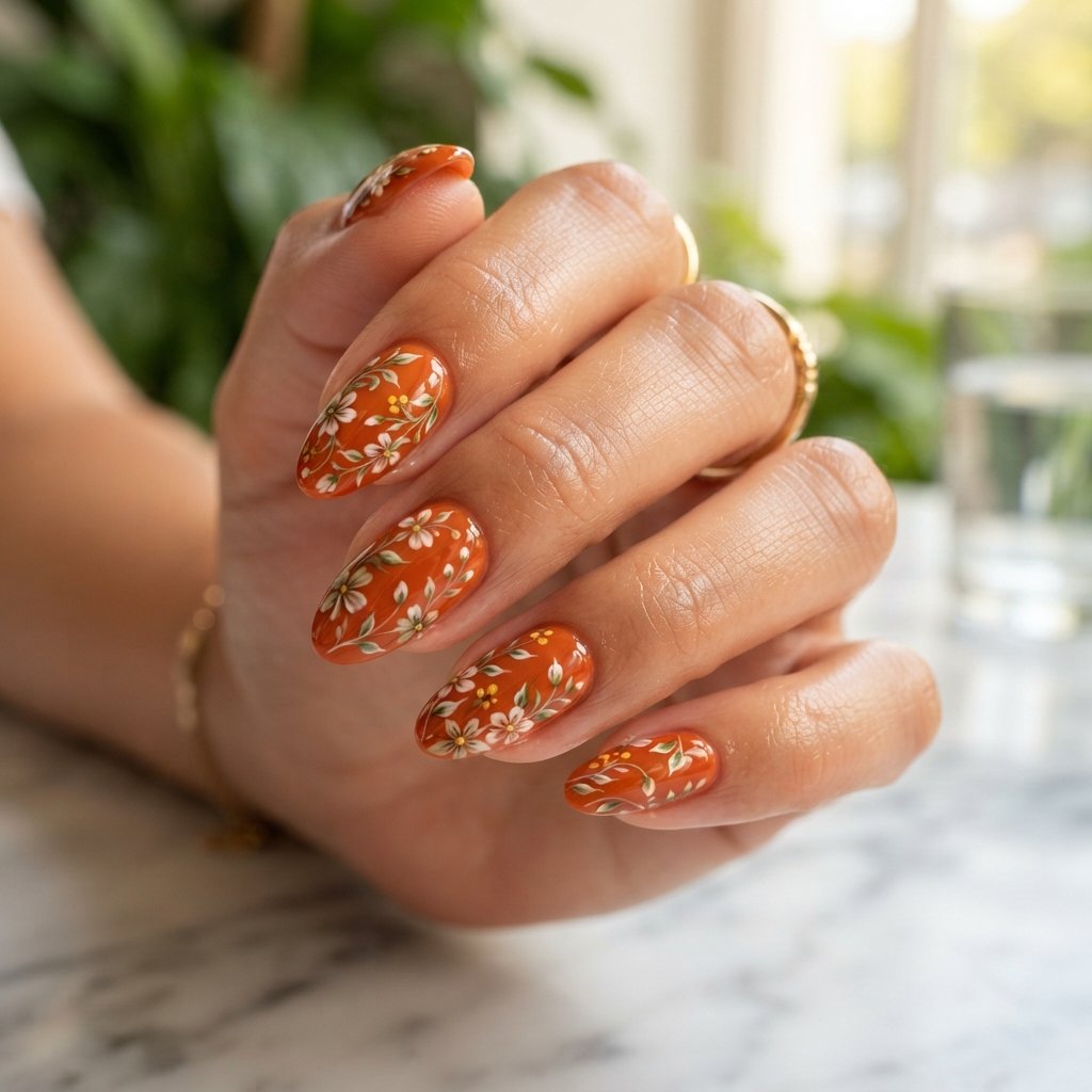 19 Orange Nails With Flowers Revealing Beautiful Floral Art Ideas 17 Floral Vine Design