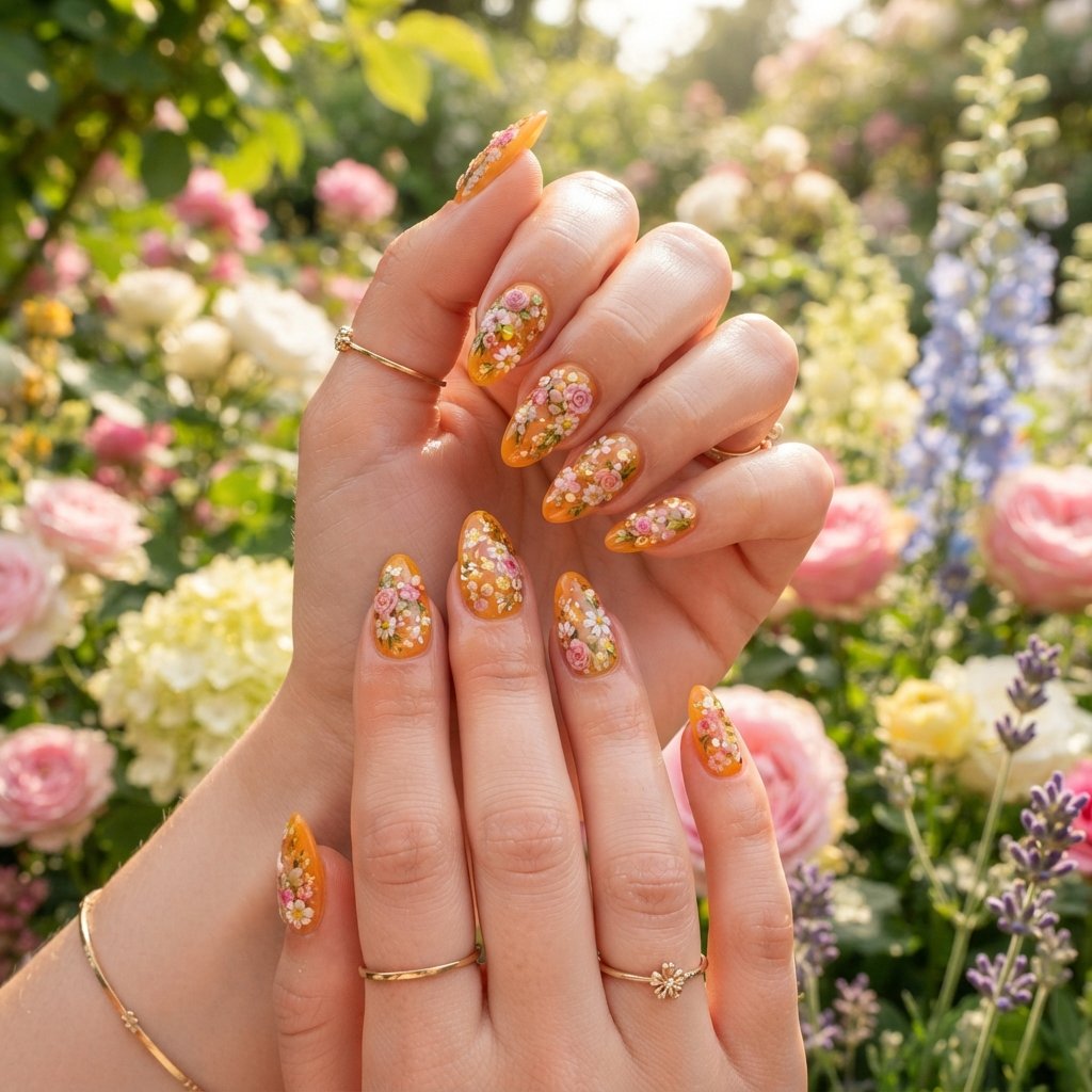 19 Orange Nails With Flowers Revealing Beautiful Floral Art Ideas 19 Garden Inspired Nails
