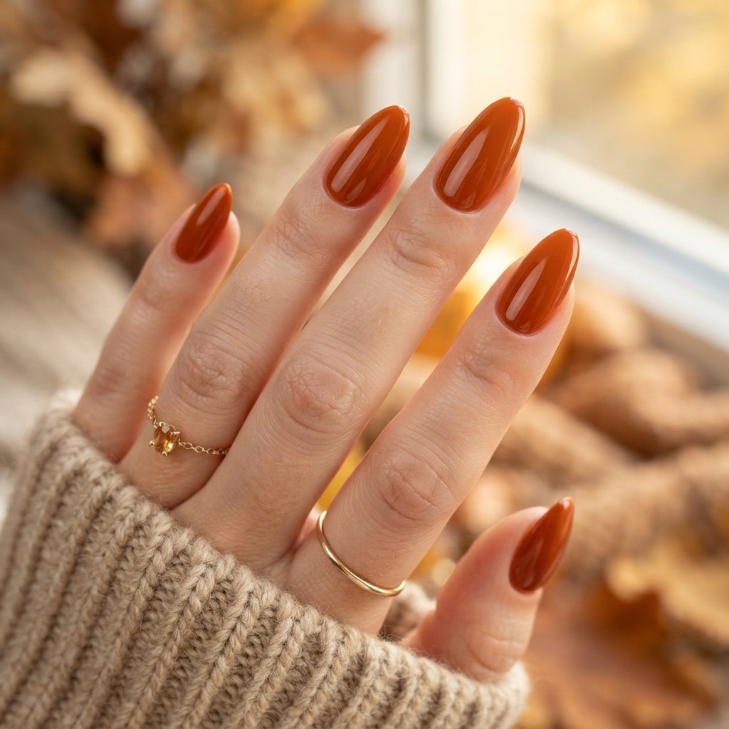 22 Fall Nail Inspiration Ideas You Need to Save Before Your Next Mani 2 Glossy Burnt Orange