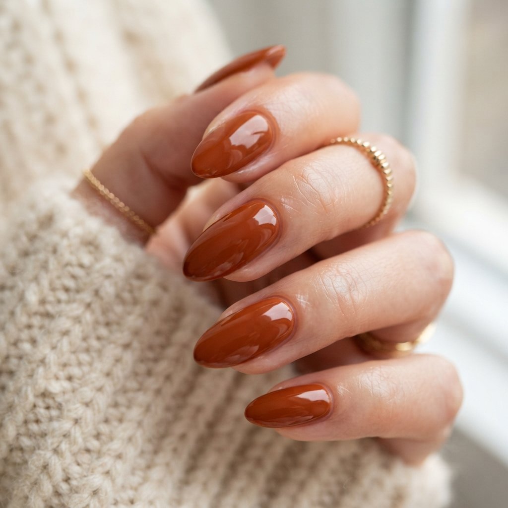 23 Simple Fall Nail Designs That Look Effortlessly Chic 2 Glossy Burnt Orange Nails