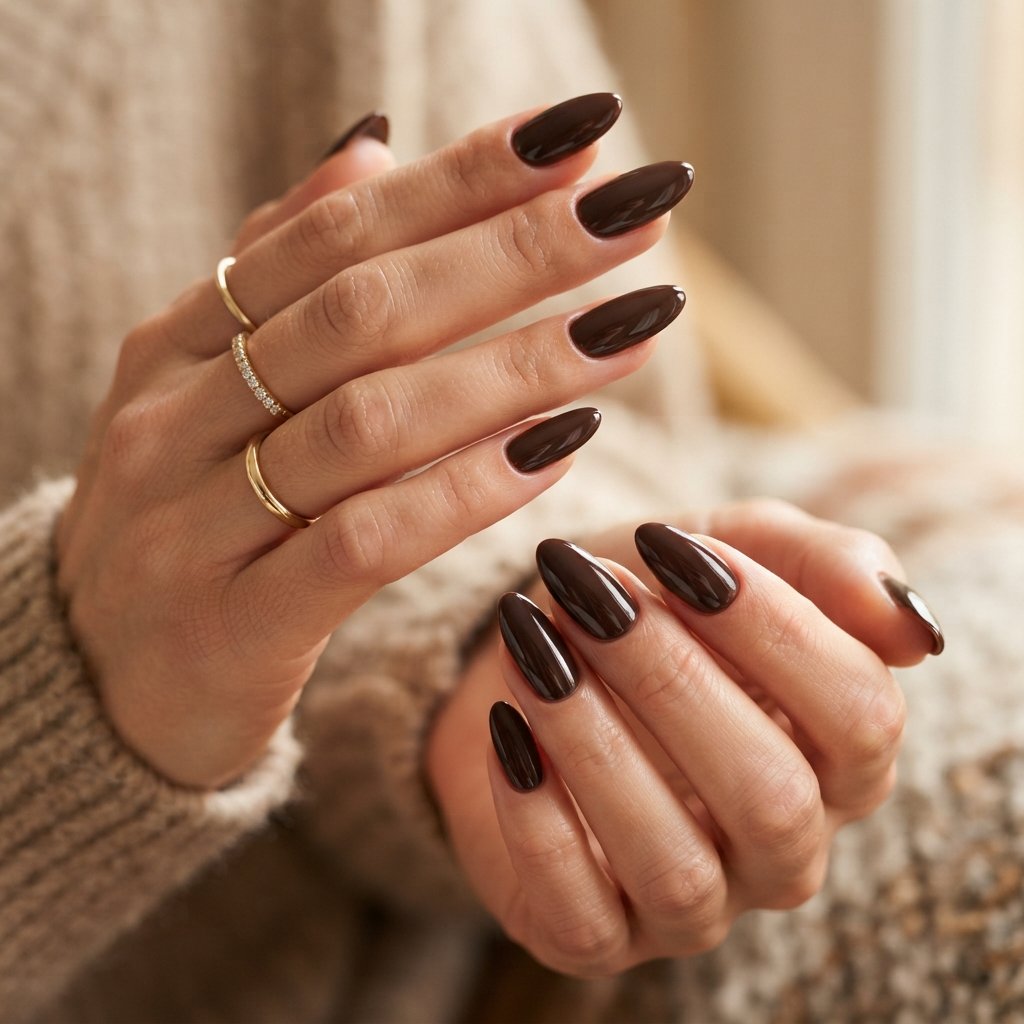  Glossy Espresso Almond Nails