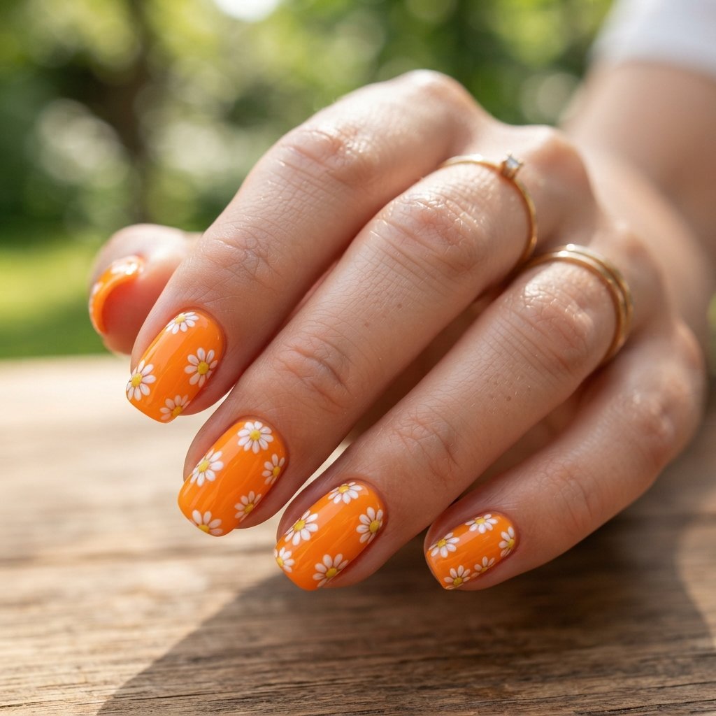 19 Orange Nails With Flowers Revealing Beautiful Floral Art Ideas 2 Bright Orange and White Daisies