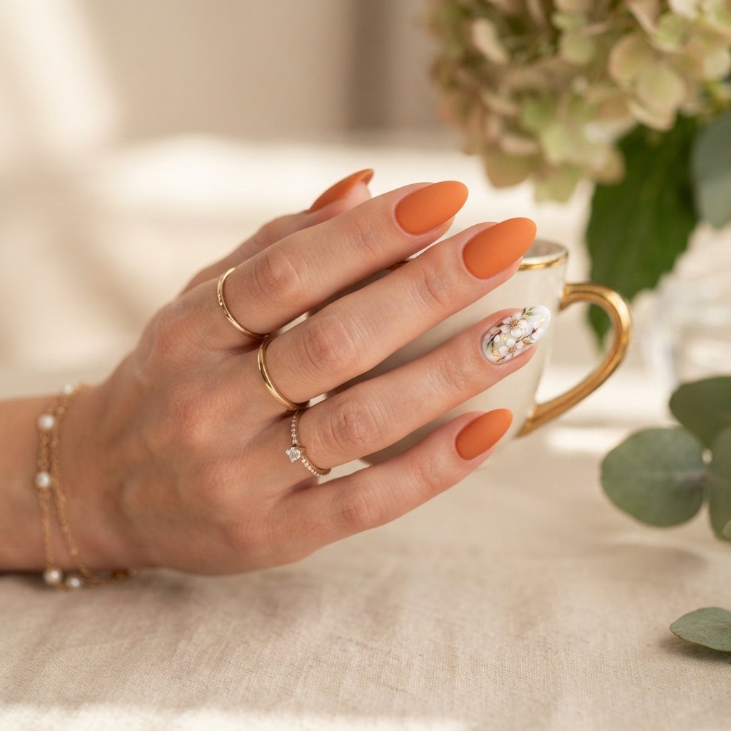 19 Orange Nails With Flowers Revealing Beautiful Floral Art Ideas 9 Matte Orange with Floral Accent