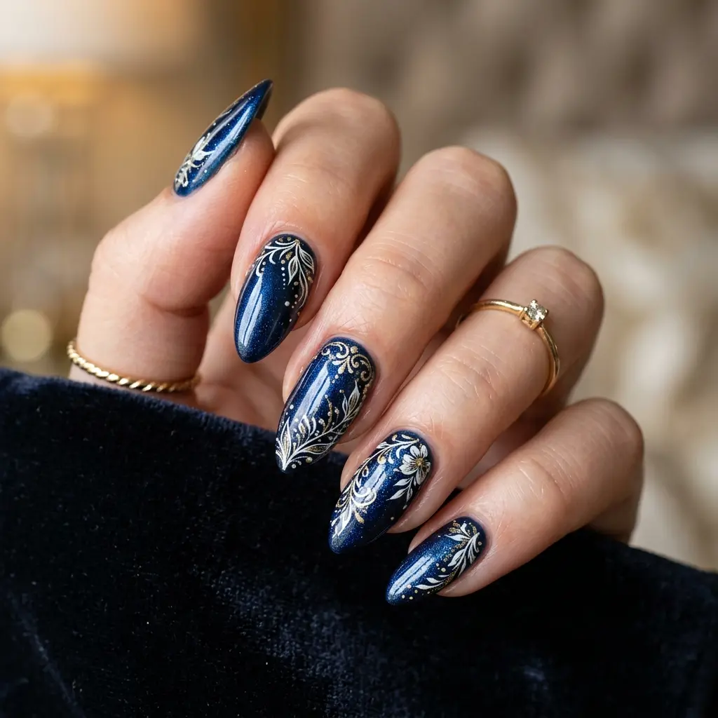 Midnight Blue Ornate Nails