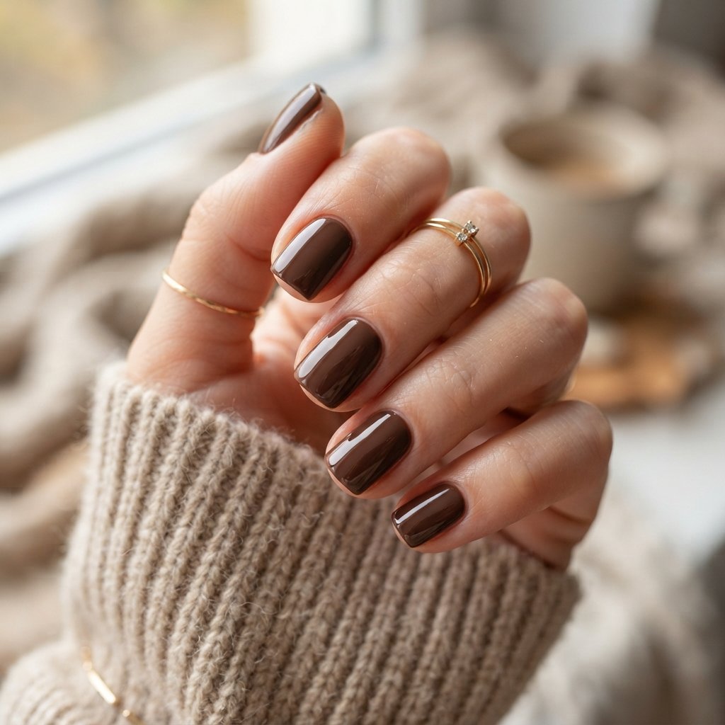19 Short Square September Nail Designs That Look So Chic 2 Glossy Chocolate Brown