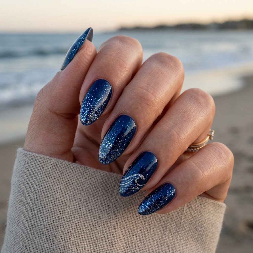 23 Blue Ocean Nails Ideas That Bring Coastal Vibes to Your Manicure 11 Navy Shoreline Nails