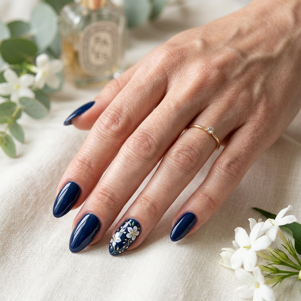 17 Blue Nails With Flowers Ideas for a Soft and Elegant Manicure 8 Navy Blue Flower Accent Nails