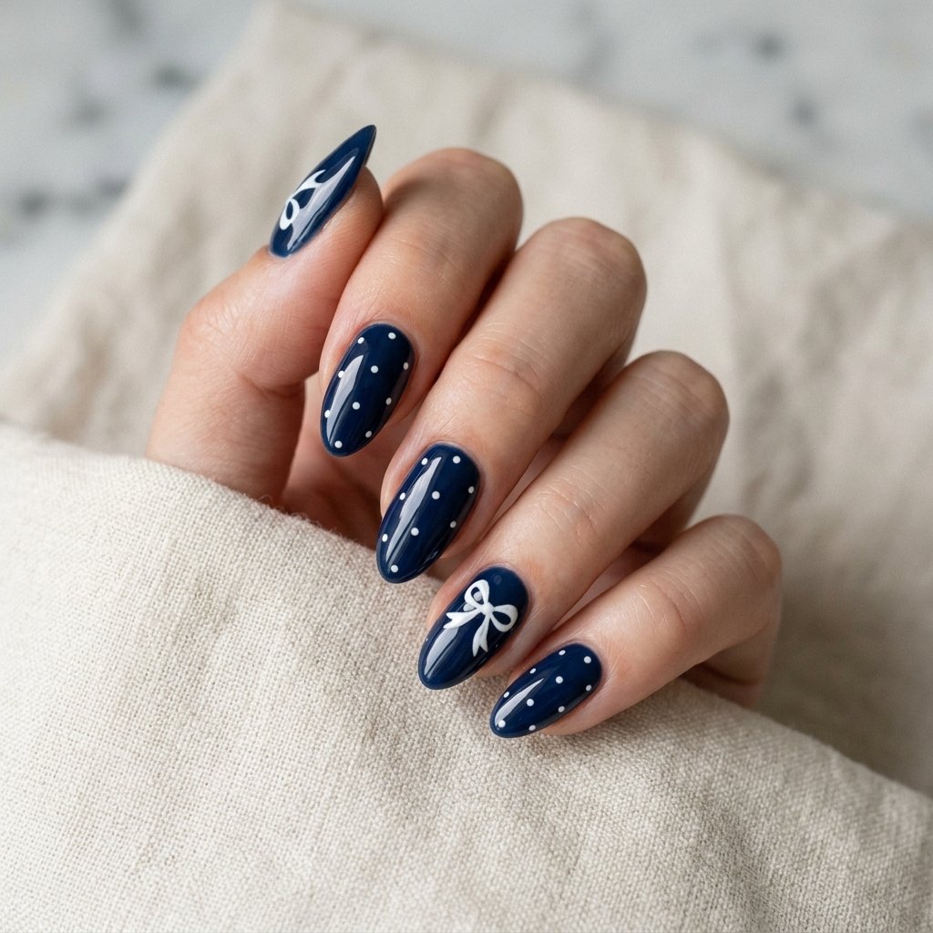 18 Blue Nails Inspiration Ideas Everyone Is Loving Right Now 14 Navy Bow and Dot Nails