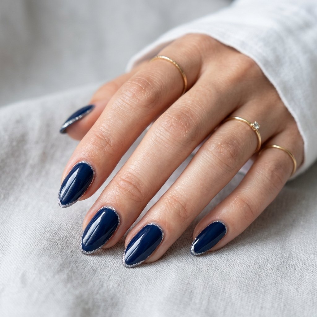 Navy Glitter Outline Nails
