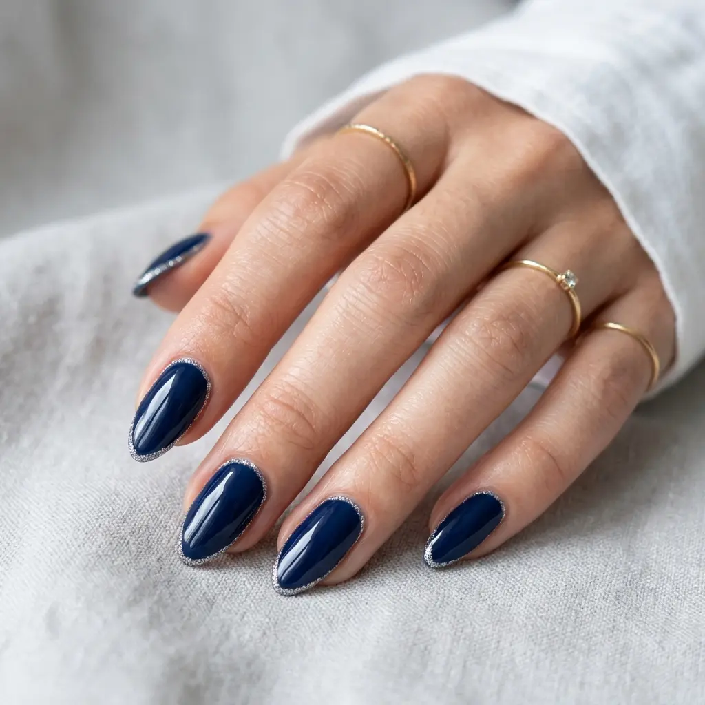 Navy Glitter Outline Nails