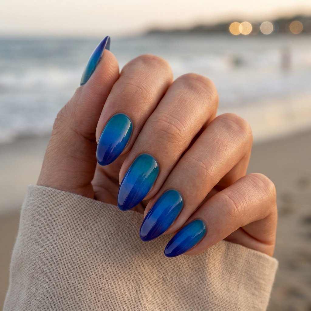 23 Blue Ocean Nails Ideas That Bring Coastal Vibes to Your Manicure 24 Ocean Sunset Blue Nails